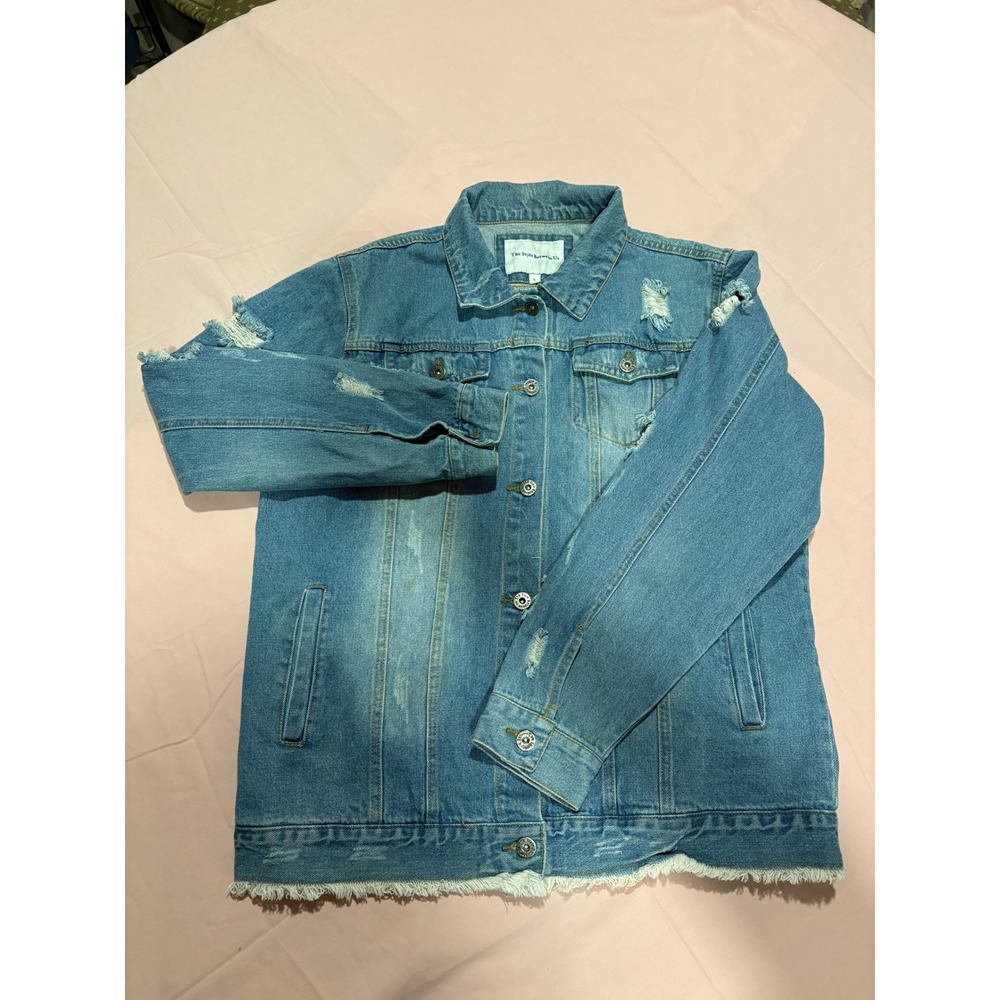 The Style Between Us Graffiti Distressed Denim Jacket Light Wash Mens Large